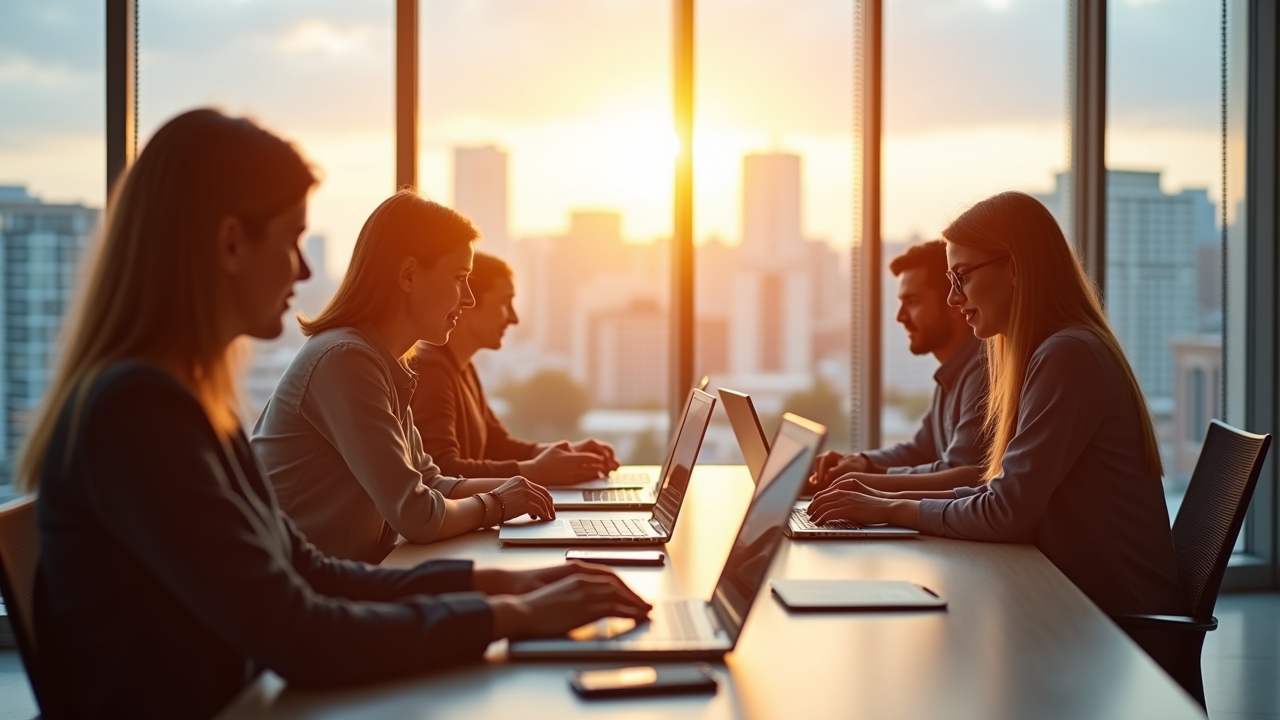 Ein strahlendes, warm beleuchtetes Büro mit einem diversen Team aus Fachleuten in moderner Business-Kleidung, die konzentriert an Laptops und digitalen Tablets zusammenarbeiten – im Hintergrund große Fenster geben den Blick auf eine helle Stadtlandschaft frei, während natürliches Tageslicht eine freundliche, kooperative Atmosphäre schafft und die dynamische Vernetzung strategischer Cloud-Partnerschaften symbolisiert.