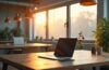 Ein harmonisch beleuchteter, moderner Arbeitsplatz mit einem Laptop, auf dem Entwickler:innen konzentriert in heller, freundlicher Atmosphäre an innovativen Code- und Technikprojekten arbeiten, umgeben von sanftem Tageslicht und minimalistischer Einrichtung, die Fortschritt und digitale Vernetzung ausstrahlt.