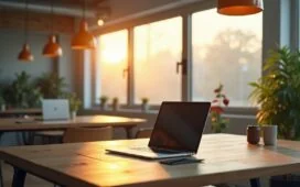 Ein harmonisch beleuchteter, moderner Arbeitsplatz mit einem Laptop, auf dem Entwickler:innen konzentriert in heller, freundlicher Atmosphäre an innovativen Code- und Technikprojekten arbeiten, umgeben von sanftem Tageslicht und minimalistischer Einrichtung, die Fortschritt und digitale Vernetzung ausstrahlt.