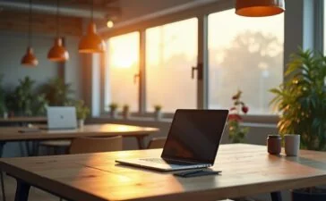 Ein harmonisch beleuchteter, moderner Arbeitsplatz mit einem Laptop, auf dem Entwickler:innen konzentriert in heller, freundlicher Atmosphäre an innovativen Code- und Technikprojekten arbeiten, umgeben von sanftem Tageslicht und minimalistischer Einrichtung, die Fortschritt und digitale Vernetzung ausstrahlt.