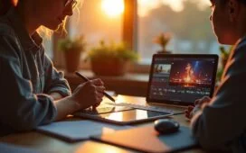 Ein hell erleuchteter Arbeitsplatz mit einem modernen Smartphone und Tablet, auf deren Bildschirmen lebendige Video-Editing-Apps zu sehen sind, umgeben von warmem Tageslicht und einer inspirierenden, kreativen Atmosphäre voller konzentrierter Nutzer, die mit Begeisterung an mobilen Videoprojekten arbeiten.