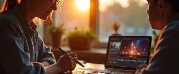 Ein hell erleuchteter Arbeitsplatz mit einem modernen Smartphone und Tablet, auf deren Bildschirmen lebendige Video-Editing-Apps zu sehen sind, umgeben von warmem Tageslicht und einer inspirierenden, kreativen Atmosphäre voller konzentrierter Nutzer, die mit Begeisterung an mobilen Videoprojekten arbeiten.