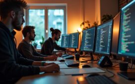 In einem hell erleuchteten, modernen Büro mit warmem Tageslicht arbeitet ein vielfältiges Entwicklerteam konzentriert und inspirierend zusammen an modularen Software-Komponenten, umgeben von mehreren Bildschirmen mit Code und technischen Skizzen, die Aufbruchsstimmung und kollaborative Dynamik eines digitalen Paradigmenwechsels ausstrahlen.