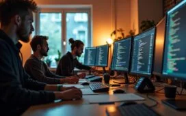 In einem hell erleuchteten, modernen Büro mit warmem Tageslicht arbeitet ein vielfältiges Entwicklerteam konzentriert und inspirierend zusammen an modularen Software-Komponenten, umgeben von mehreren Bildschirmen mit Code und technischen Skizzen, die Aufbruchsstimmung und kollaborative Dynamik eines digitalen Paradigmenwechsels ausstrahlen.