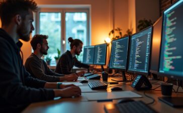 In einem hell erleuchteten, modernen Büro mit warmem Tageslicht arbeitet ein vielfältiges Entwicklerteam konzentriert und inspirierend zusammen an modularen Software-Komponenten, umgeben von mehreren Bildschirmen mit Code und technischen Skizzen, die Aufbruchsstimmung und kollaborative Dynamik eines digitalen Paradigmenwechsels ausstrahlen.