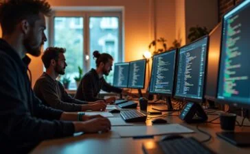 In einem hell erleuchteten, modernen Büro mit warmem Tageslicht arbeitet ein vielfältiges Entwicklerteam konzentriert und inspirierend zusammen an modularen Software-Komponenten, umgeben von mehreren Bildschirmen mit Code und technischen Skizzen, die Aufbruchsstimmung und kollaborative Dynamik eines digitalen Paradigmenwechsels ausstrahlen.