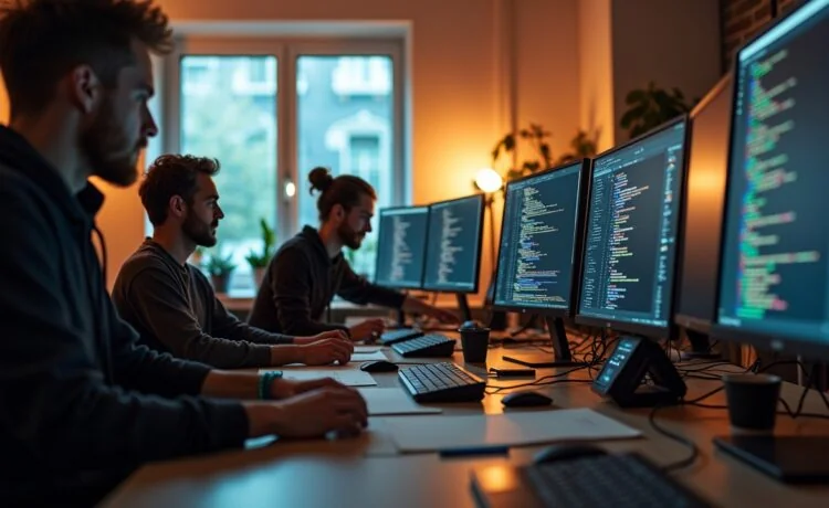 In einem hell erleuchteten, modernen Büro mit warmem Tageslicht arbeitet ein vielfältiges Entwicklerteam konzentriert und inspirierend zusammen an modularen Software-Komponenten, umgeben von mehreren Bildschirmen mit Code und technischen Skizzen, die Aufbruchsstimmung und kollaborative Dynamik eines digitalen Paradigmenwechsels ausstrahlen.