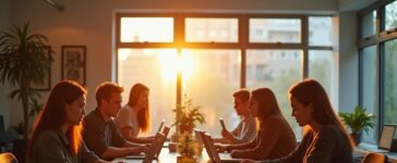 Ein warm beleuchtetes, modernes Büro mit entspannten Fachleuten, die in freundlicher Atmosphäre an ihren Laptops Ideen diskutieren und innovative Strategien planen, während sanftes Tageslicht durch große Fenster fällt und eine positive Zukunftsstimmung vermittelt.
