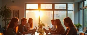 Ein warm beleuchtetes, modernes Büro mit entspannten Fachleuten, die in freundlicher Atmosphäre an ihren Laptops Ideen diskutieren und innovative Strategien planen, während sanftes Tageslicht durch große Fenster fällt und eine positive Zukunftsstimmung vermittelt.