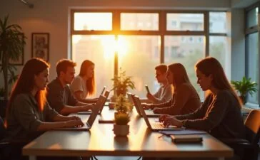 Ein warm beleuchtetes, modernes Büro mit entspannten Fachleuten, die in freundlicher Atmosphäre an ihren Laptops Ideen diskutieren und innovative Strategien planen, während sanftes Tageslicht durch große Fenster fällt und eine positive Zukunftsstimmung vermittelt.