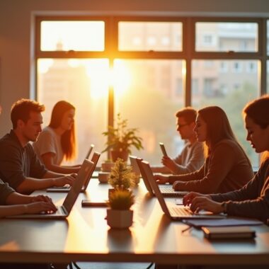 Ein warm beleuchtetes, modernes Büro mit entspannten Fachleuten, die in freundlicher Atmosphäre an ihren Laptops Ideen diskutieren und innovative Strategien planen, während sanftes Tageslicht durch große Fenster fällt und eine positive Zukunftsstimmung vermittelt.