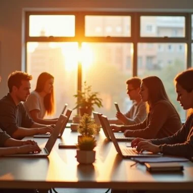 Ein warm beleuchtetes, modernes Büro mit entspannten Fachleuten, die in freundlicher Atmosphäre an ihren Laptops Ideen diskutieren und innovative Strategien planen, während sanftes Tageslicht durch große Fenster fällt und eine positive Zukunftsstimmung vermittelt.