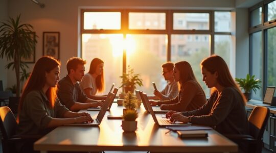 Ein warm beleuchtetes, modernes Büro mit entspannten Fachleuten, die in freundlicher Atmosphäre an ihren Laptops Ideen diskutieren und innovative Strategien planen, während sanftes Tageslicht durch große Fenster fällt und eine positive Zukunftsstimmung vermittelt.