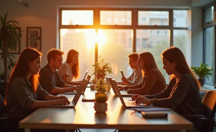 Ein warm beleuchtetes, modernes Büro mit entspannten Fachleuten, die in freundlicher Atmosphäre an ihren Laptops Ideen diskutieren und innovative Strategien planen, während sanftes Tageslicht durch große Fenster fällt und eine positive Zukunftsstimmung vermittelt.