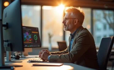 Ein warm beleuchteter, moderner Büroarbeitsplatz mit einem konzentrierten CIO mittleren Alters, umgeben von Bildschirmen mit Datenvisualisierungen und KI-Diagrammen, der in natürlichem Tageslicht entschlossen die Zukunft der produktiven KI-Integration gestaltet.