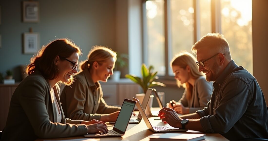 Eine helle, inspirierende Büroszene bei Tageslicht, in der engagierte Menschen unterschiedlicher Altersgruppen konzentriert an Laptops und Dokumenten arbeiten, umgeben von Notizen und moderner Technik, die den spannenden Balanceakt zwischen menschlicher Kreativität und KI-gestützter Textanalyse widerspiegelt – warmes Licht durchflutet den Raum und schafft eine freundliche, aufgeschlossene Atmosphäre voller Hoffnung und Zusammenarbeit.