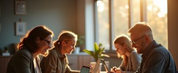 Eine helle, inspirierende Büroszene bei Tageslicht, in der engagierte Menschen unterschiedlicher Altersgruppen konzentriert an Laptops und Dokumenten arbeiten, umgeben von Notizen und moderner Technik, die den spannenden Balanceakt zwischen menschlicher Kreativität und KI-gestützter Textanalyse widerspiegelt – warmes Licht durchflutet den Raum und schafft eine freundliche, aufgeschlossene Atmosphäre voller Hoffnung und Zusammenarbeit.