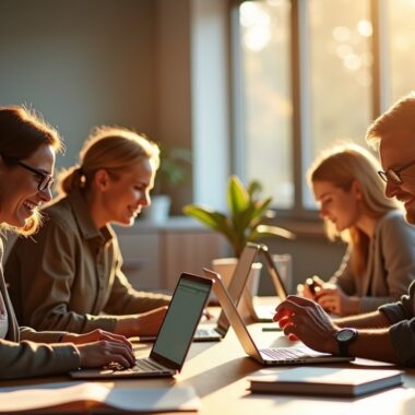 Eine helle, inspirierende Büroszene bei Tageslicht, in der engagierte Menschen unterschiedlicher Altersgruppen konzentriert an Laptops und Dokumenten arbeiten, umgeben von Notizen und moderner Technik, die den spannenden Balanceakt zwischen menschlicher Kreativität und KI-gestützter Textanalyse widerspiegelt – warmes Licht durchflutet den Raum und schafft eine freundliche, aufgeschlossene Atmosphäre voller Hoffnung und Zusammenarbeit.