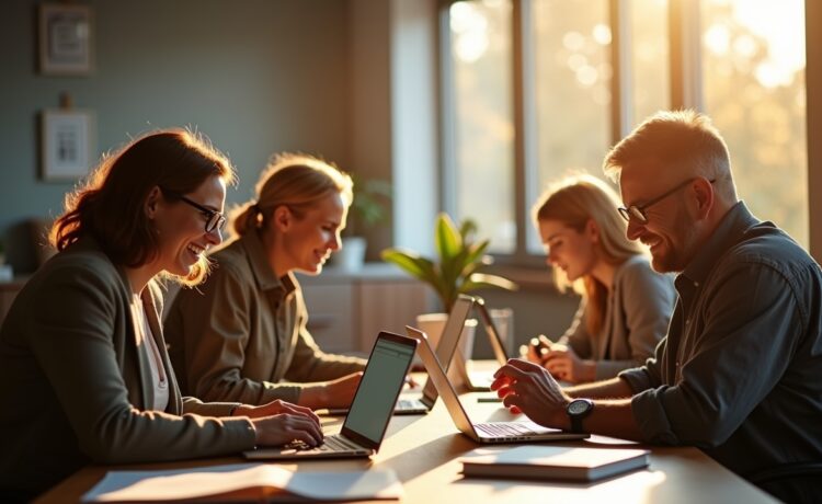 Eine helle, inspirierende Büroszene bei Tageslicht, in der engagierte Menschen unterschiedlicher Altersgruppen konzentriert an Laptops und Dokumenten arbeiten, umgeben von Notizen und moderner Technik, die den spannenden Balanceakt zwischen menschlicher Kreativität und KI-gestützter Textanalyse widerspiegelt – warmes Licht durchflutet den Raum und schafft eine freundliche, aufgeschlossene Atmosphäre voller Hoffnung und Zusammenarbeit.