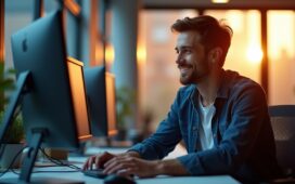 Ein modernes Entwicklerbüro bei Tageslicht, in dem ein lächelnder Softwareingenieur konzentriert vor mehreren Monitoren sitzt und mit warmen Lichtstrahlen durch große Fenster sanft ausgeleuchtet wird, während digitale Codezeilen dezent die technische Atmosphäre lebendig machen.