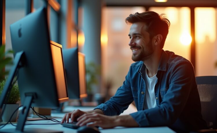 Ein modernes Entwicklerbüro bei Tageslicht, in dem ein lächelnder Softwareingenieur konzentriert vor mehreren Monitoren sitzt und mit warmen Lichtstrahlen durch große Fenster sanft ausgeleuchtet wird, während digitale Codezeilen dezent die technische Atmosphäre lebendig machen.