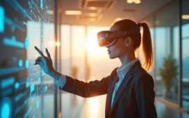 In einem hell erleuchteten, modernen Raum zeigt eine konzentrierte Person mit einem dezent futuristischen Headset und transparentem OLED-Display vor sich, wie sie mit eleganten Handbewegungen eine holografische Benutzeroberfläche steuert, während natürliches Tageslicht warm durch große Fenster fällt und eine Atmosphäre von neugieriger Zuversicht und technologischer Harmonie schafft.