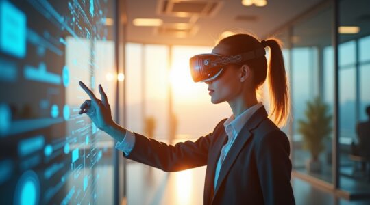 In einem hell erleuchteten, modernen Raum zeigt eine konzentrierte Person mit einem dezent futuristischen Headset und transparentem OLED-Display vor sich, wie sie mit eleganten Handbewegungen eine holografische Benutzeroberfläche steuert, während natürliches Tageslicht warm durch große Fenster fällt und eine Atmosphäre von neugieriger Zuversicht und technologischer Harmonie schafft.