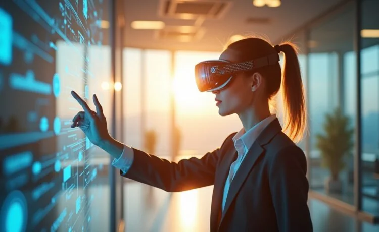 In einem hell erleuchteten, modernen Raum zeigt eine konzentrierte Person mit einem dezent futuristischen Headset und transparentem OLED-Display vor sich, wie sie mit eleganten Handbewegungen eine holografische Benutzeroberfläche steuert, während natürliches Tageslicht warm durch große Fenster fällt und eine Atmosphäre von neugieriger Zuversicht und technologischer Harmonie schafft.