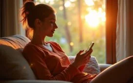 Ein hell erleuchtetes, warmes Wohnzimmer mit einer entspannt wirkenden Person, die sorgsam ihr Smartphone prüft, während natürliches Tageslicht sanft durch ein Fenster fällt und eine Atmosphäre von Vertrauen und Aufmerksamkeit schafft.