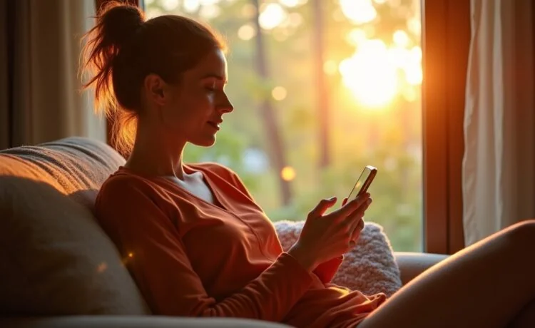 Ein hell erleuchtetes, warmes Wohnzimmer mit einer entspannt wirkenden Person, die sorgsam ihr Smartphone prüft, während natürliches Tageslicht sanft durch ein Fenster fällt und eine Atmosphäre von Vertrauen und Aufmerksamkeit schafft.
