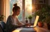 Ein modern eingerichteter Home-Office-Arbeitsplatz mit warmem, natürlichem Tageslicht, an dem eine junge Person konzentriert an einem hellen Windows-11-Laptop arbeitet, umgeben von Pflanzen und dezent technischer Ausstattung, die eine freundliche, vertrauensvolle Atmosphäre der digitalen Innovation und bewussten Datenschutzkontrolle ausstrahlt.