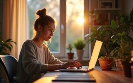 Ein modern eingerichteter Home-Office-Arbeitsplatz mit warmem, natürlichem Tageslicht, an dem eine junge Person konzentriert an einem hellen Windows-11-Laptop arbeitet, umgeben von Pflanzen und dezent technischer Ausstattung, die eine freundliche, vertrauensvolle Atmosphäre der digitalen Innovation und bewussten Datenschutzkontrolle ausstrahlt.