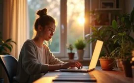 Ein modern eingerichteter Home-Office-Arbeitsplatz mit warmem, natürlichem Tageslicht, an dem eine junge Person konzentriert an einem hellen Windows-11-Laptop arbeitet, umgeben von Pflanzen und dezent technischer Ausstattung, die eine freundliche, vertrauensvolle Atmosphäre der digitalen Innovation und bewussten Datenschutzkontrolle ausstrahlt.