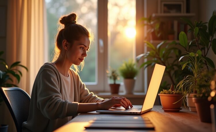 Ein modern eingerichteter Home-Office-Arbeitsplatz mit warmem, natürlichem Tageslicht, an dem eine junge Person konzentriert an einem hellen Windows-11-Laptop arbeitet, umgeben von Pflanzen und dezent technischer Ausstattung, die eine freundliche, vertrauensvolle Atmosphäre der digitalen Innovation und bewussten Datenschutzkontrolle ausstrahlt.
