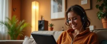 Ein warm ausgeleuchtetes, modernes Wohnzimmer mit einer entspannten Person, die mit Kopfhörern lächelnd und aufmerksam auf einem Tablet durch eine Musik-App scrollt, umgeben von stilvollen Lautsprechern und Pflanzen, eingefangen in natürlichem Tageslicht und einer freundlichen, einladenden Atmosphäre.