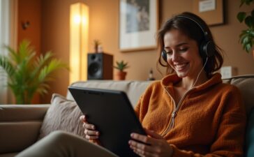 Ein warm ausgeleuchtetes, modernes Wohnzimmer mit einer entspannten Person, die mit Kopfhörern lächelnd und aufmerksam auf einem Tablet durch eine Musik-App scrollt, umgeben von stilvollen Lautsprechern und Pflanzen, eingefangen in natürlichem Tageslicht und einer freundlichen, einladenden Atmosphäre.