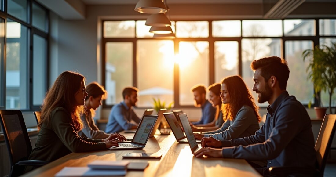Ein lebendiges, sonnendurchflutetes Büro mit einem konzentrierten Entwicklerteam, das an offenen Laptops arbeitet, umgeben von modernen Bildschirmen mit komplexen Codes, strahlt warme Zusammenarbeit und digitale Verantwortung aus.