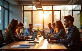 Ein lebendiges, sonnendurchflutetes Büro mit einem konzentrierten Entwicklerteam, das an offenen Laptops arbeitet, umgeben von modernen Bildschirmen mit komplexen Codes, strahlt warme Zusammenarbeit und digitale Verantwortung aus.