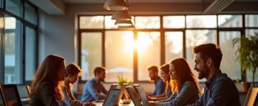 Ein lebendiges, sonnendurchflutetes Büro mit einem konzentrierten Entwicklerteam, das an offenen Laptops arbeitet, umgeben von modernen Bildschirmen mit komplexen Codes, strahlt warme Zusammenarbeit und digitale Verantwortung aus.