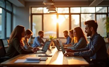 Ein lebendiges, sonnendurchflutetes Büro mit einem konzentrierten Entwicklerteam, das an offenen Laptops arbeitet, umgeben von modernen Bildschirmen mit komplexen Codes, strahlt warme Zusammenarbeit und digitale Verantwortung aus.