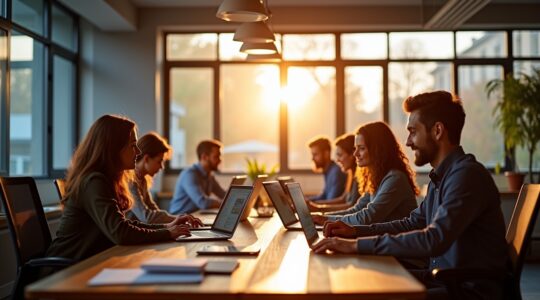 Ein lebendiges, sonnendurchflutetes Büro mit einem konzentrierten Entwicklerteam, das an offenen Laptops arbeitet, umgeben von modernen Bildschirmen mit komplexen Codes, strahlt warme Zusammenarbeit und digitale Verantwortung aus.