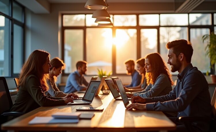 Ein lebendiges, sonnendurchflutetes Büro mit einem konzentrierten Entwicklerteam, das an offenen Laptops arbeitet, umgeben von modernen Bildschirmen mit komplexen Codes, strahlt warme Zusammenarbeit und digitale Verantwortung aus.